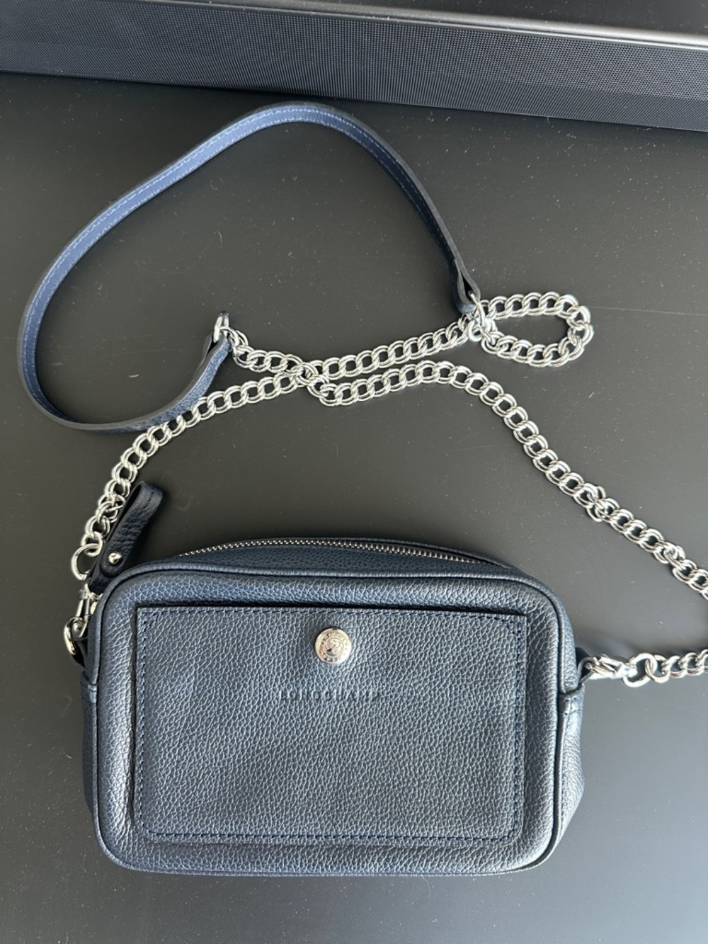 Longchamp Navy Pebbled Leather Chain Crossbody